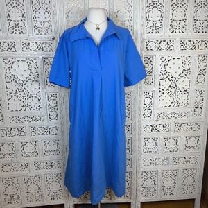 Eileen Fisher Blue Organic Cotton Midi Dress Small Lagenlook Oversized Collar